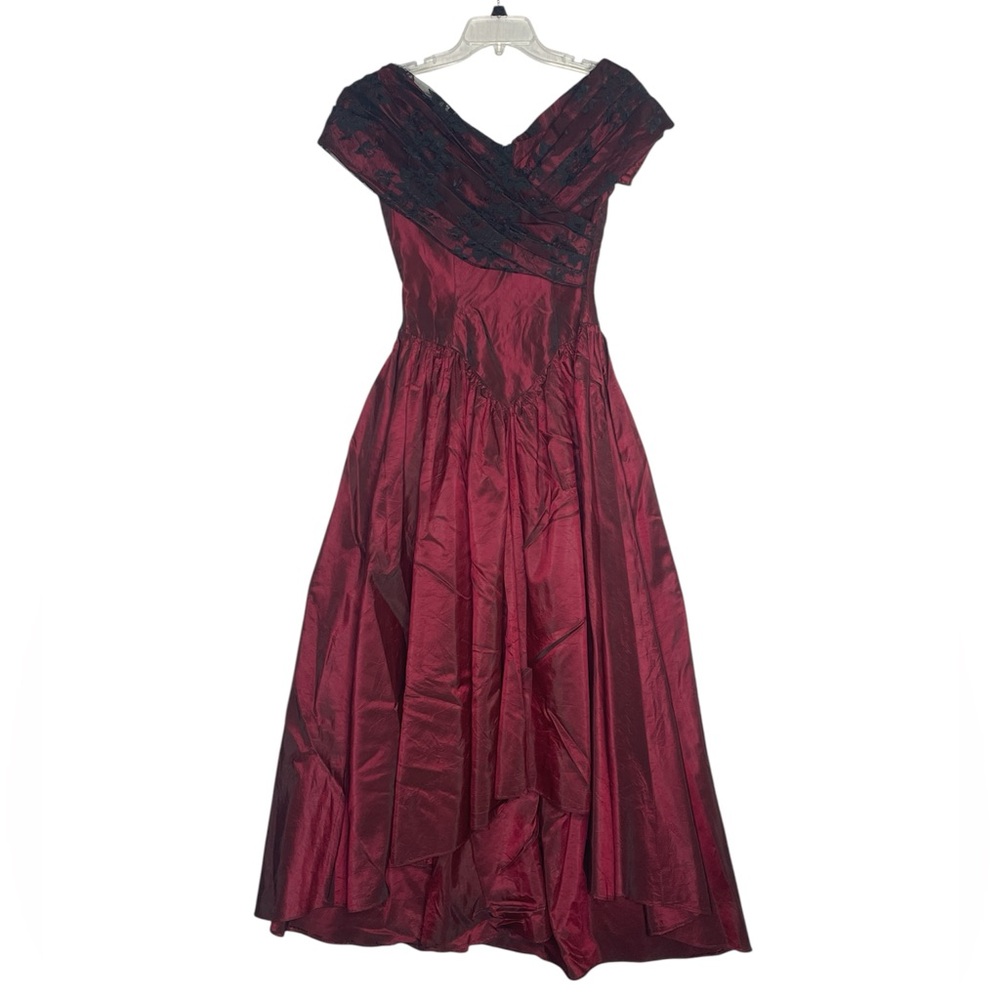 Elegant Vintage 80s Loralie Iridescent Deep Red Off-Shoulder Dress Size XS